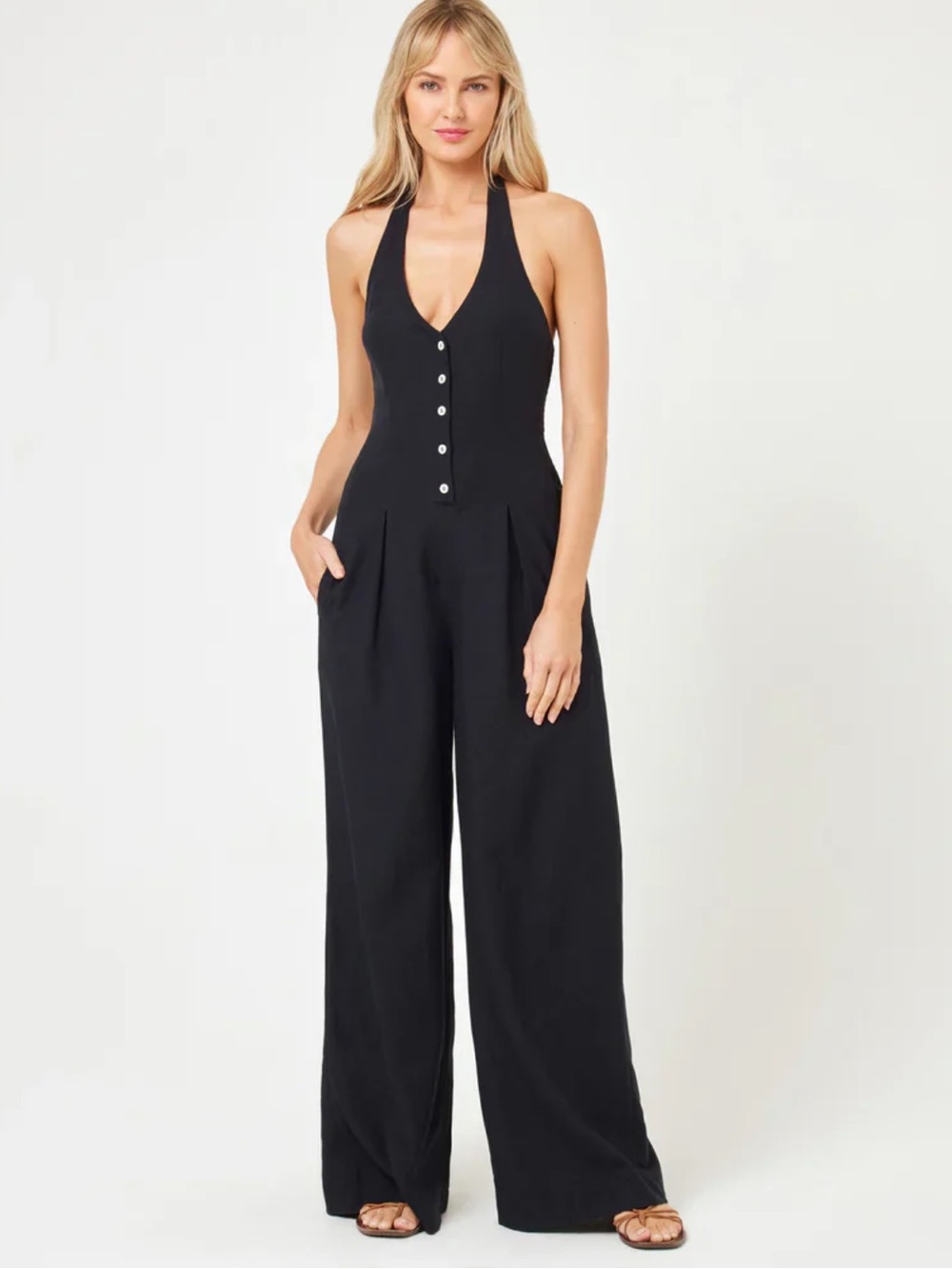 NWOT L*Space Alena Jumpsuit - Black Halter Linen Blend Wide Leg Trouser